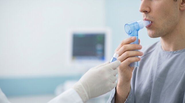 Male patient using handheld spirometer mouthpiece during pulmonary function test in clinic, concept of respiratory diagnostics, lung health screening and pulmonology care.