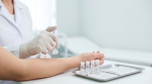 Allergist performing skin prick allergy test on patient&rsquo;s forearm with allergen vials and lancets, concept of immunology diagnostics and hypersensitivity screening.