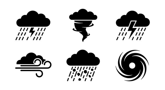 Severe Weather Icons, a collection of black vector symbols depicting rain, lightning, wind, hail, tornado, and hurricane elements, ideal for weather apps and forecasts.