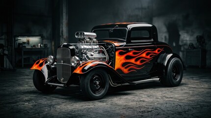Fototapeta premium Vintage Hot Rod Coupe with Fiery Flames and Powerful Engine.