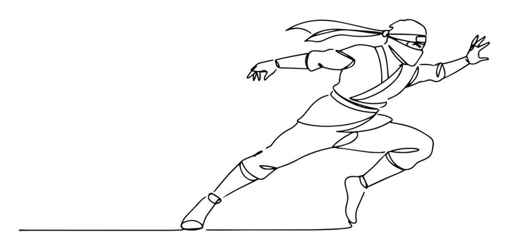 vector monoline engraving of running ninja in action pose