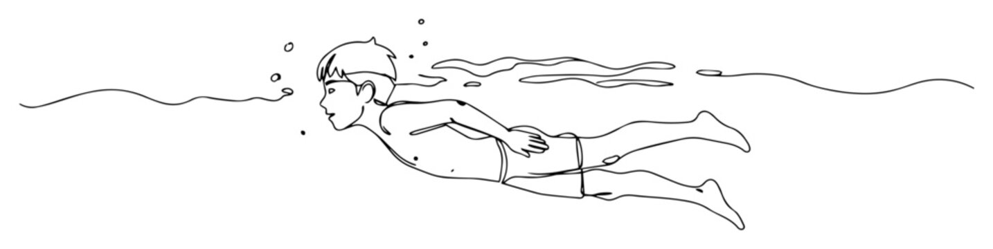 vector monoline engraving of boy swimming underwater