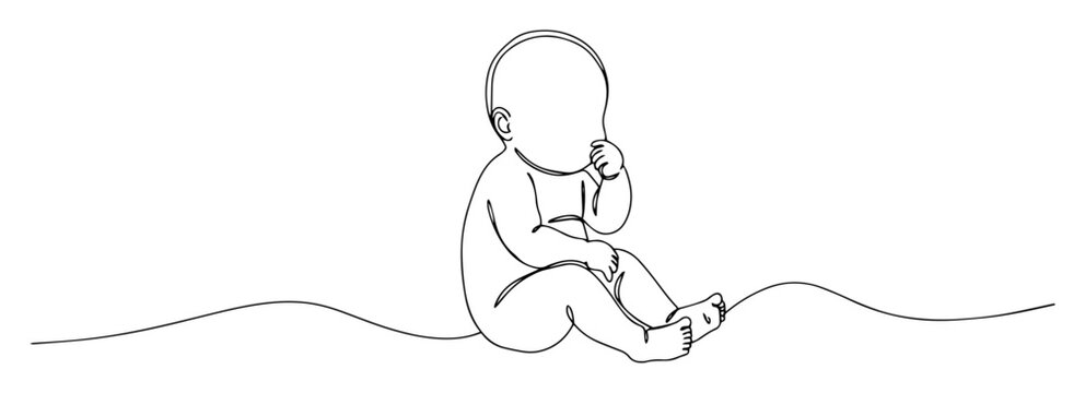 vector monoline engraving of baby sitting and sucking thumb