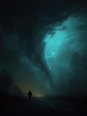 Fototapeta premium Dramatic Tornado Over Road with Lone Person Silhouette