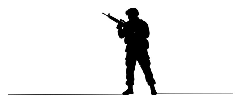 vector monoline engraving of soldier silhouette with rifle