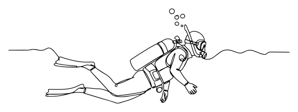 monoline engraving vector of scuba diver swimming underwater