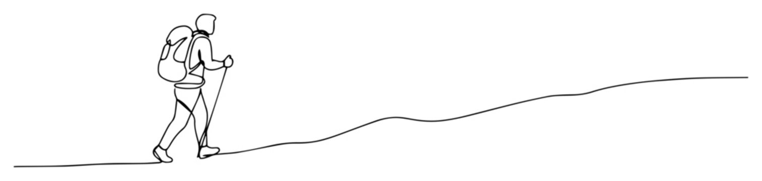 monoline engraving vector of hiker walking on mountain path