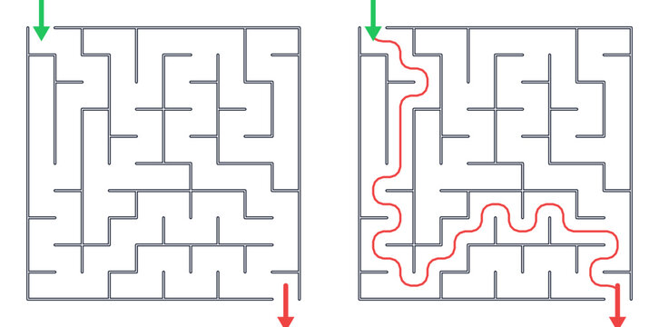 Square maze for kids, medium difficulty printable logic game, find the way from start to exit, black and white, activity worksheet page with solution