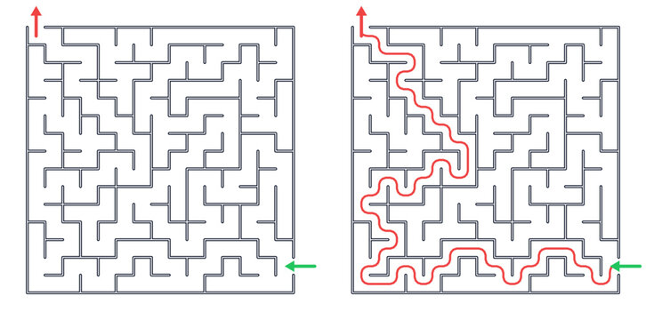 Square maze for kids, medium difficulty printable logic game, find the way from start to exit, line art, activity worksheet page with solution