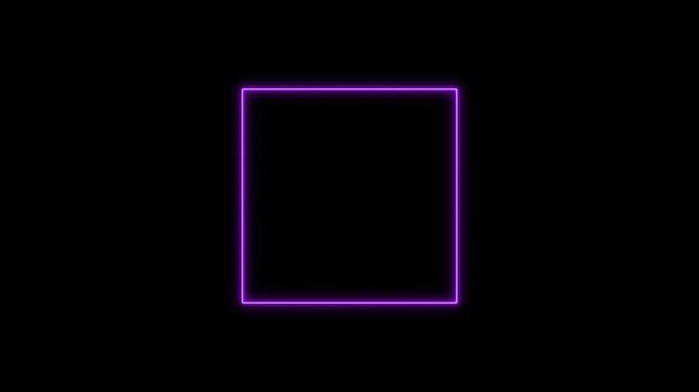 Shining purple neon square border animation with pulsing flare sparkles, vibrant violet geometric frame with dynamic light strobe effect, 4K clip