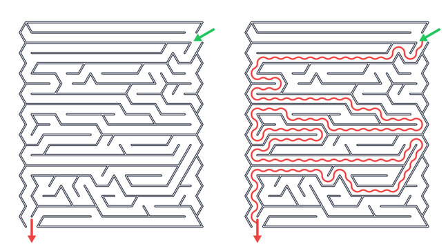 Rectangular maze for kids, medium difficulty printable logic game, find the way from start to exit, line art, activity worksheet page with solution