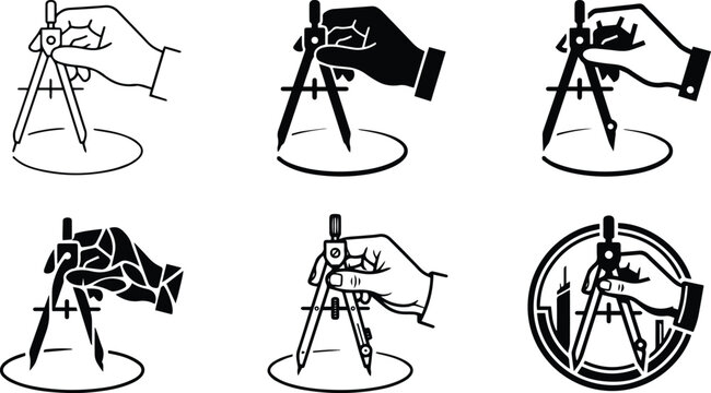 Hand holding drafting compass icon set representing architectural drawing engineering geometric circle project design structural layout measurement and technical mapping graphics