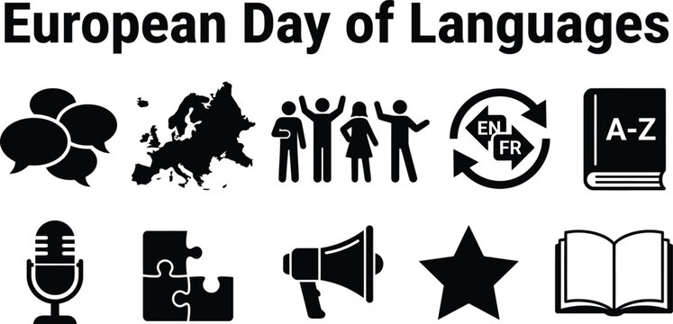 European day of languages icon set with map and communication symbols