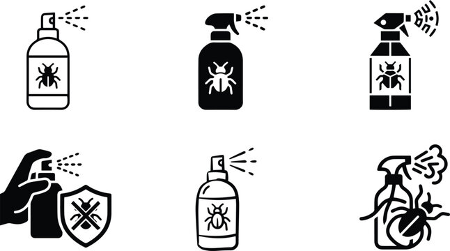 Bug spray aerosol bottle icon set representing pest eradication chemical insecticide insect defense domestic product maintenance hygiene and hazard termination graphics