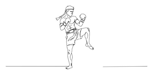 Obraz premium vector engraving monoline drawing of muay thai kickboxer