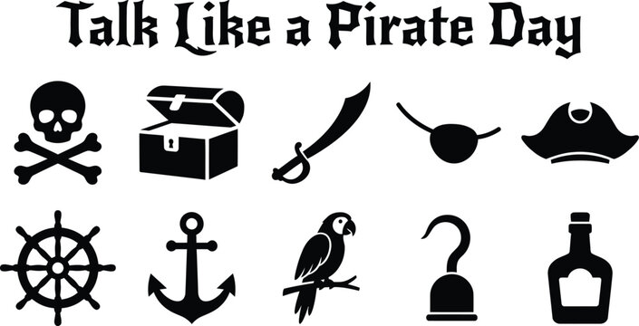 Talk like a pirate day set of black icons including skull crossbones treasure chest sword eye patch hat ship wheel anchor parrot hook and rum bottle