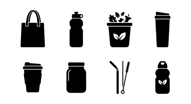 Eco-friendly reusable icons: tote bag, water bottle, plant pot, coffee cup, mason jar, straws, travel mug, reusable bottle