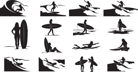 Obraz premium Collection of black silhouette surfing icons featuring surfers and surfboards