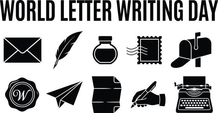 World letter writing day icon set with envelope feather pen ink bottle postage stamp mailbox wax seal paper airplane typewriter and hand writing