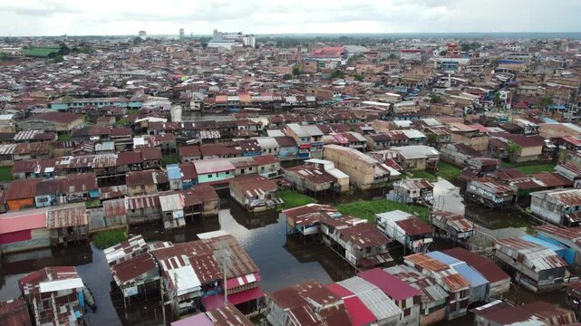 Aerial view of the belen floating neighborhood in iquitos, peru