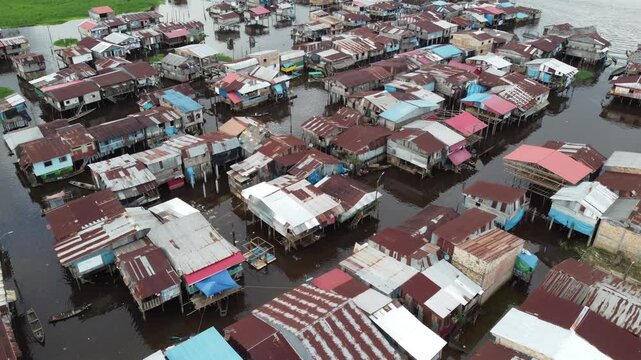 Aerial view of belen floating village in iquitos, peru