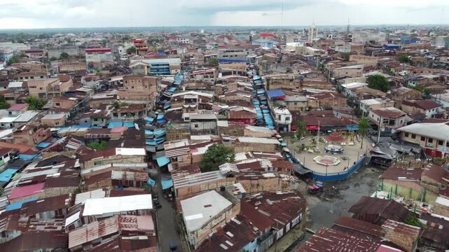 Aerial view flying over belen market in iquitos, peru