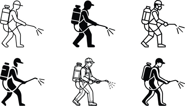 Pest control worker specialist spraying icon set representing domestic chemical sanitation decontamination hazard protection commercial hygiene and professional exterminator graphics