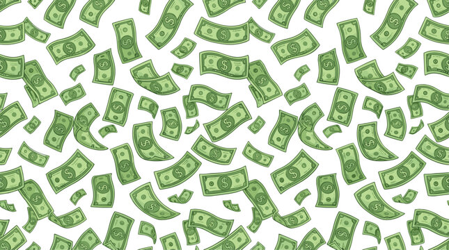 Green dollar bills floating scattered money pattern financial wealth abundance prosperity economic concept vector illustration artwork background design