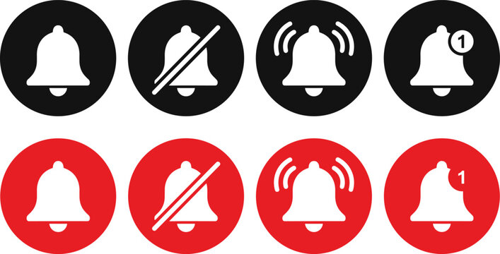 Notification bell icons with alert, mute, active, and new message status digital interface vector artwork