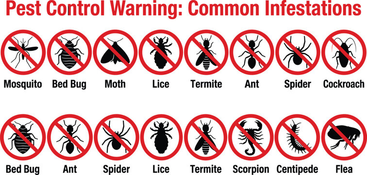 Pest control warning icons with prohibited insect silhouettes mosquito ant spider cockroach termite flea vector illustration artwork
