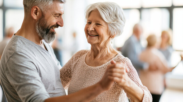 Dance instructor teaches elderly people to dance ballroom dancing, active pastime in a retirement home, dance class for adult seniors