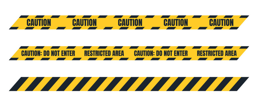 Illustration of yellow and black warning tape collection with diagonal stripes and caution text on transparent background