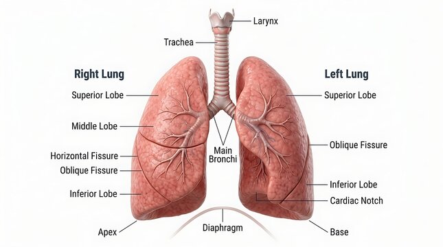 Detailed illustration of human lungs anatomy with labeled parts