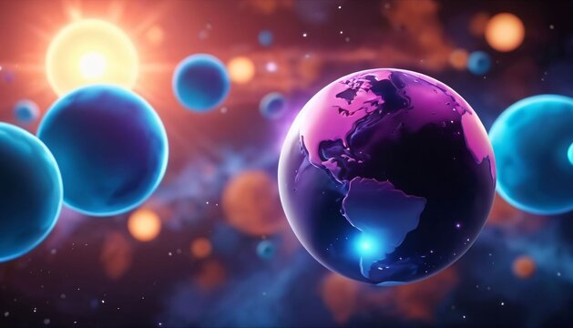 Planet Globe Among Colorful Cosmic Spheres