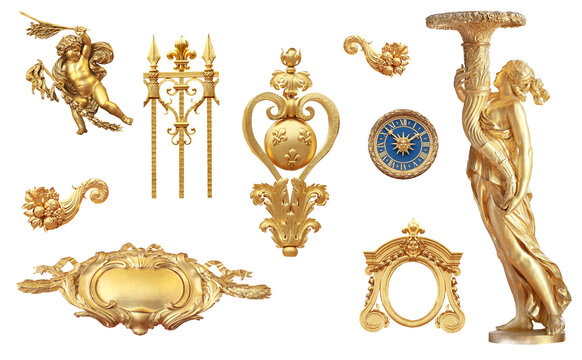 Set of golden baroque ornaments and statues on transparent background. Versailles castle. France.