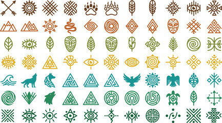 Tribal animal and nature symbols geometric indigenous art inspired decorative vector artwork