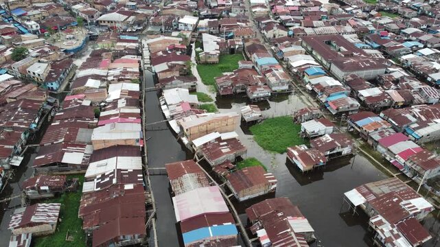 Aerial view of belen floating village slums in iquitos, peru