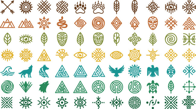 Tribal animal and nature symbols geometric indigenous art inspired decorative vector artwork
