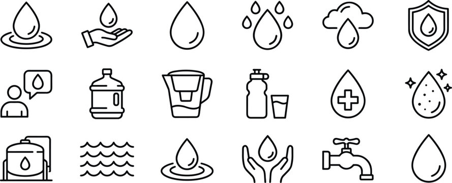 Water droplet and hydration icons with purity, filtration, supply, cleanliness, and conservation symbols vector illustration artwork design collection