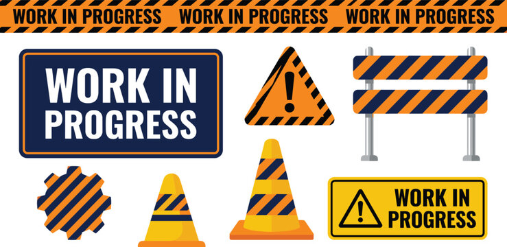 Work in progress icons with warning signs striped barriers traffic cones construction caution vector illustration artwork