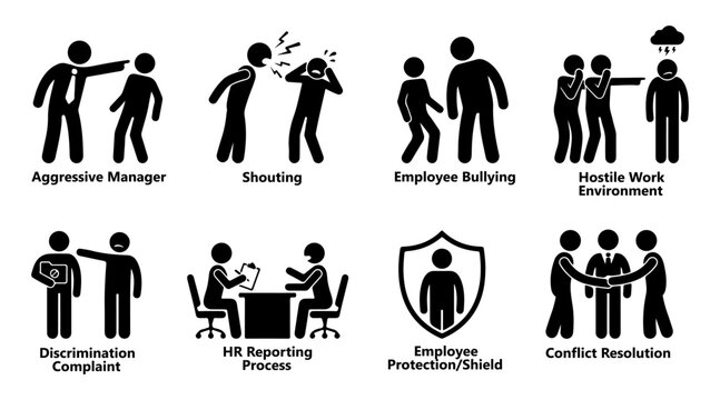 Toxic workplace environment icons showing bullying harassment and conflict resolution HR steps