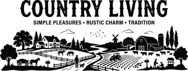 Country lifestyle illustration with farm animals and barns © RUMA AKTHER