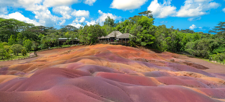 Seven Coloured Earths Landscape. Panoramic View of Geological Sand Dunes Formation and Tourist Attraction in Chamarel, Mauritius