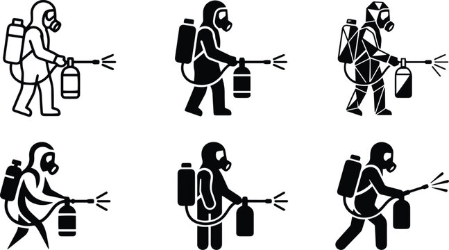 Pest control specialist exterminator spraying icon set representing chemical disinfection domestic sanitation hazard decontamination pressure toxic treatment and commercial hygiene graphics