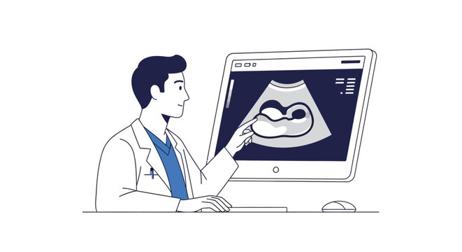 Doctor examining ultrasound image of fetus on computer screen, medical checkup