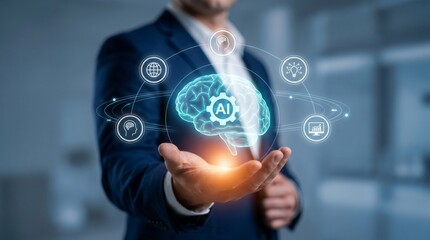 Fototapeta premium Business professional holding digital cloud technology icons in office setting with futuristic data visualization