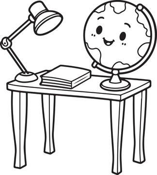 Classroom Desk Coloring Page Kids Printable Activity Sheet Featuring Globe Notebook And Small Lamp On Desk