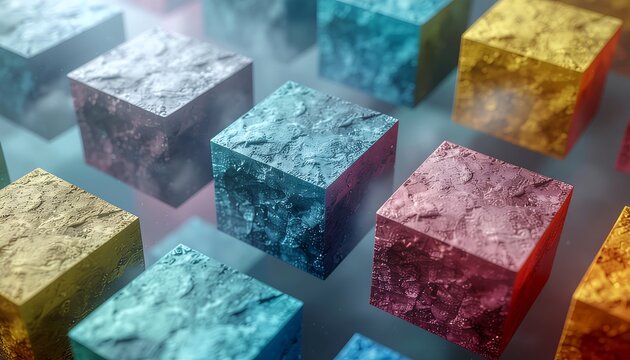 Colorful textured cubes in a misty atmosphere.