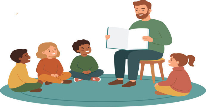 Male teacher reading book to diverse children sitting on a carpet vector illustration set