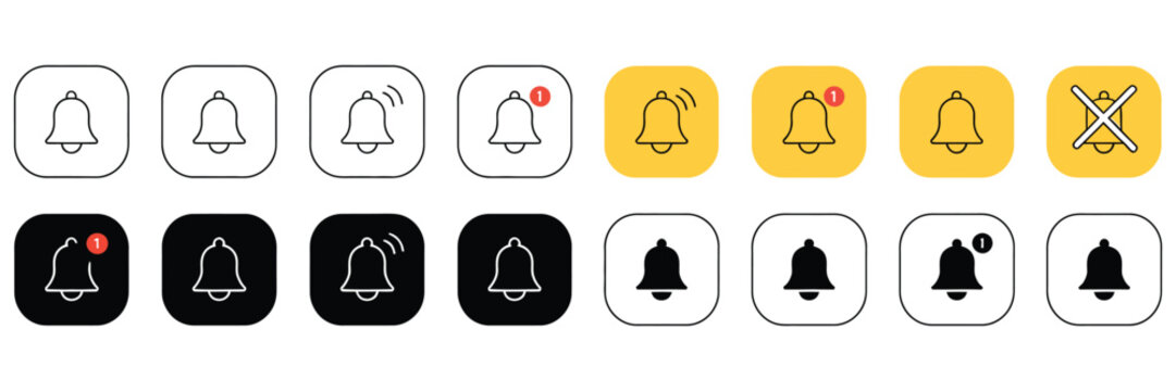 Notification Icon Set Featuring Bell Alerts, Silent Notification Mode, Badge Indicators, and App Message Alert System Symbols, vector design